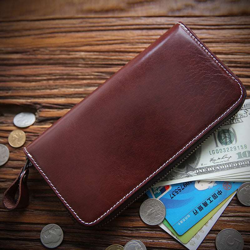 Men's Long Leather Zipper Wallet - Classic Leather Bag