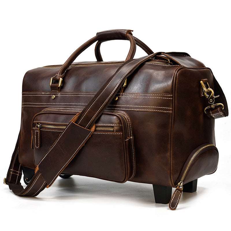 Men's Luxury Leather Trolley Travel Bag - Classic Leather Bag