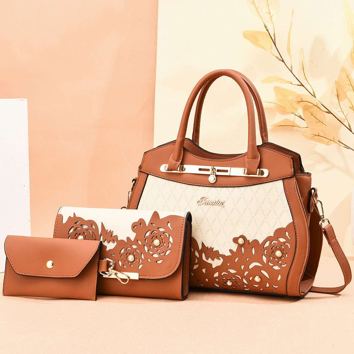 Women's Classy Three-Piece Handbag Set - Classic Leather Bag