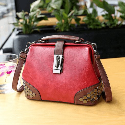 Women's Lock Chain Rivets Crossbody Shoulder Bag - Classic Leather Bag