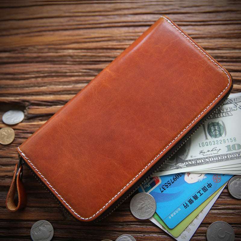 Men's Long Leather Zipper Wallet - Classic Leather Bag