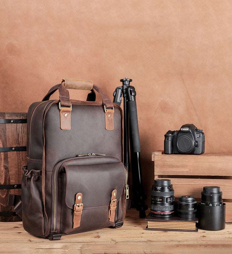 Men's Luxury Leather Camera Backpack Classic Leather Bag