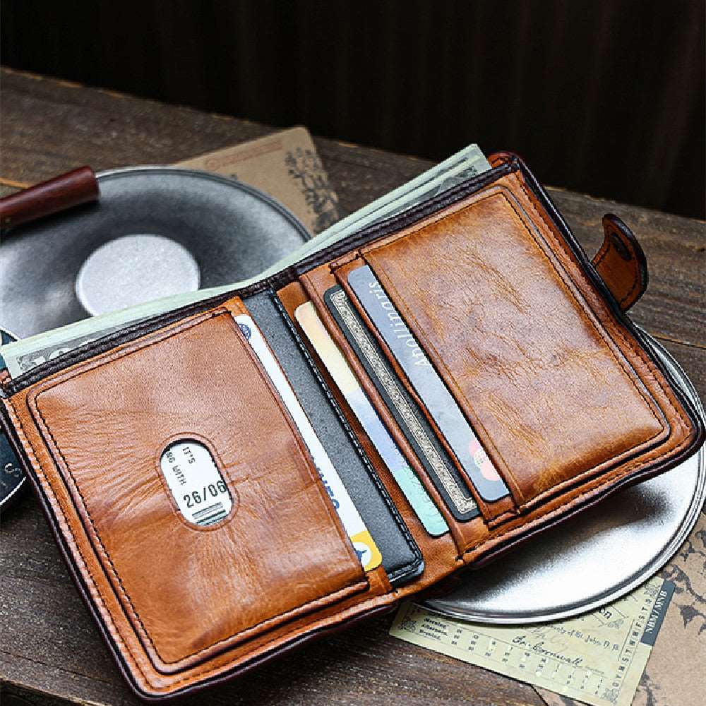 Men's Luxury Vegetable Tanned Short Leather Wallet - Classic Leather Bag