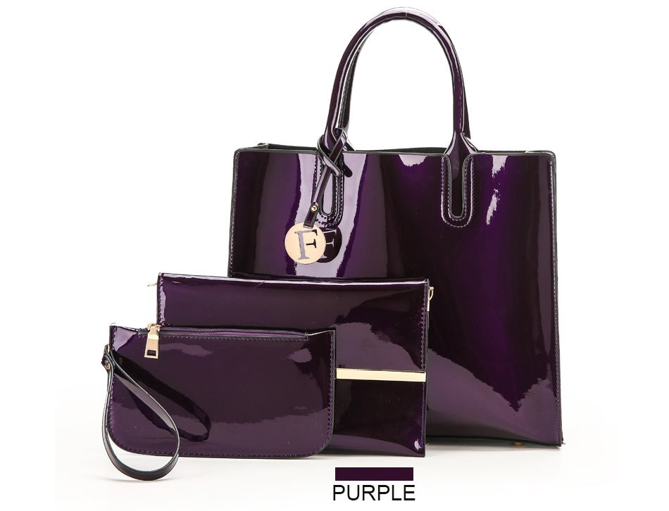 Women's 3 Piece Patent Leather Handbag Set - Classic Leather Bag