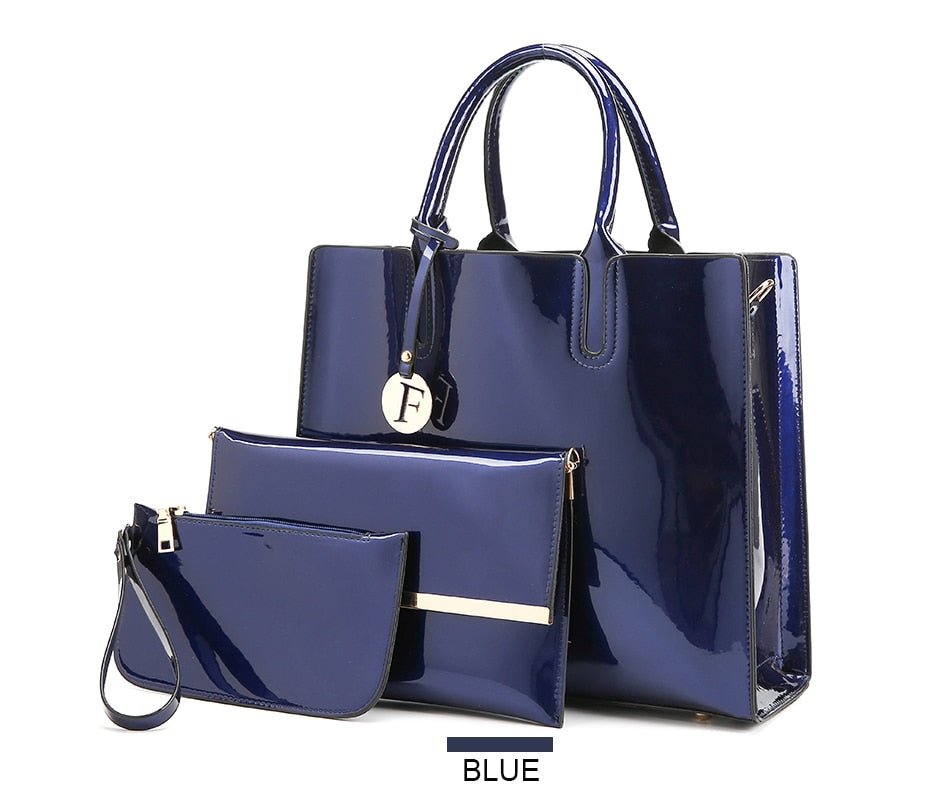 Women's 3 Piece Patent Leather Handbag Set - Classic Leather Bag