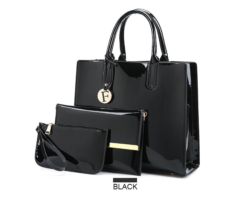 Women's 3 Piece Patent Leather Handbag Set - Classic Leather Bag