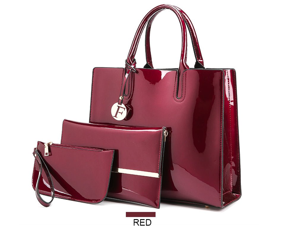 Women's 3 Piece Patent Leather Handbag Set - Classic Leather Bag