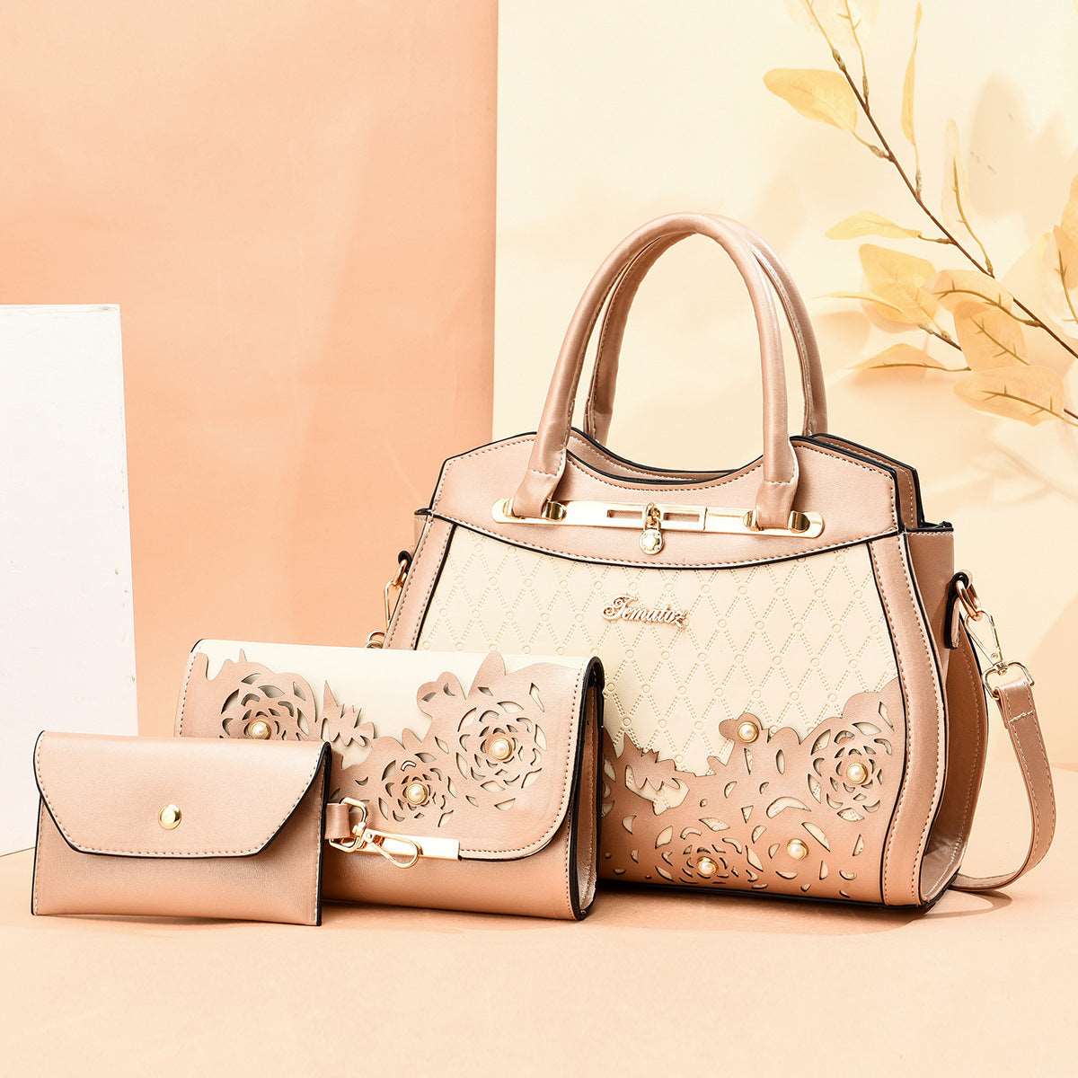 Women's Classy Three-Piece Handbag Set - Classic Leather Bag