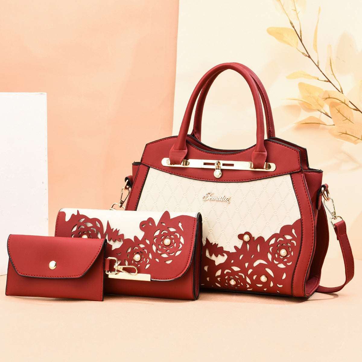 Women's Classy Three-Piece Handbag Set - Classic Leather Bag