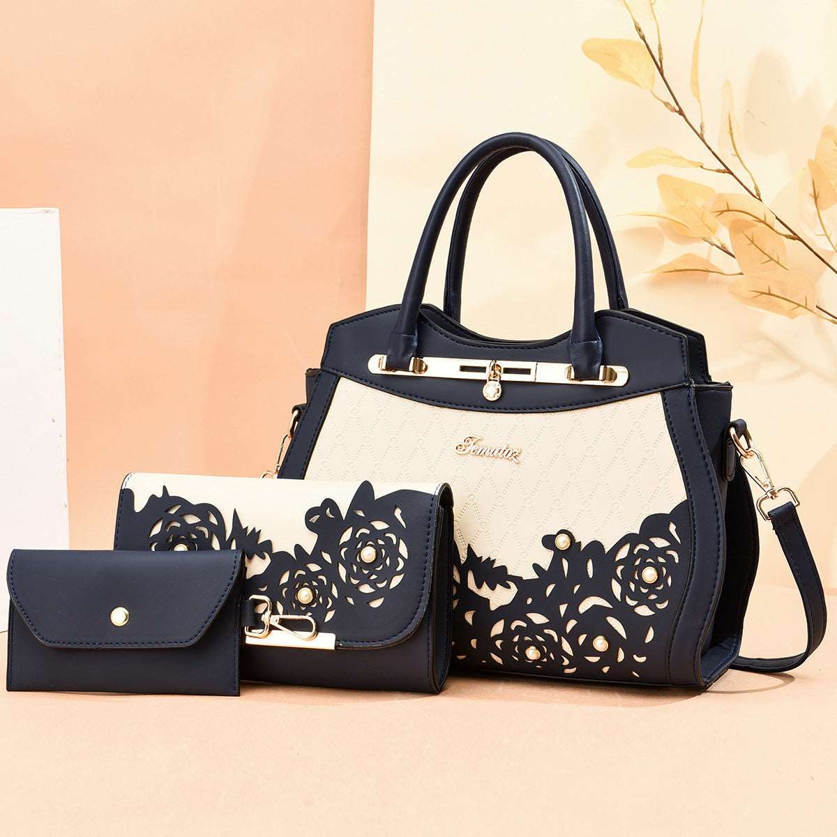 Women's Classy Three-Piece Handbag Set - Classic Leather Bag