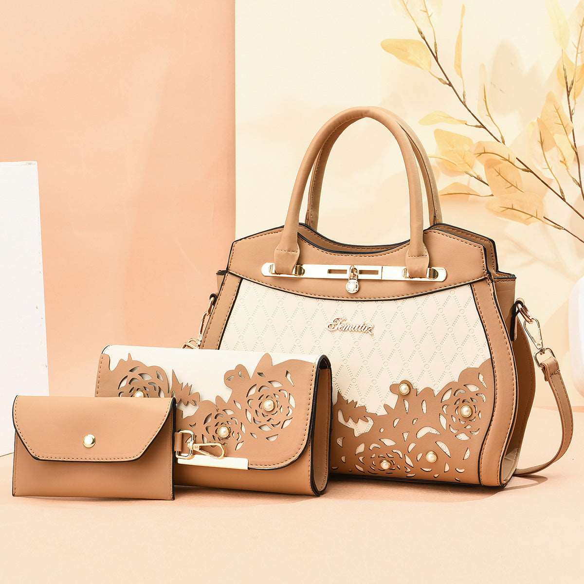 Women's Classy Three-Piece Handbag Set - Classic Leather Bag