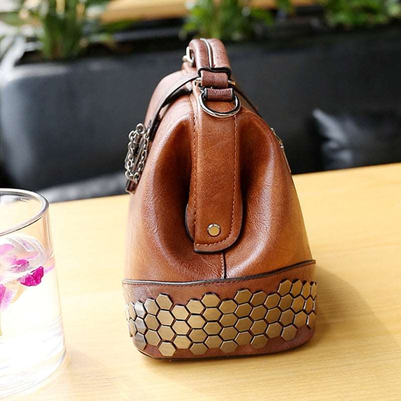 Women's Lock Chain Rivets Crossbody Shoulder Bag - Classic Leather Bag