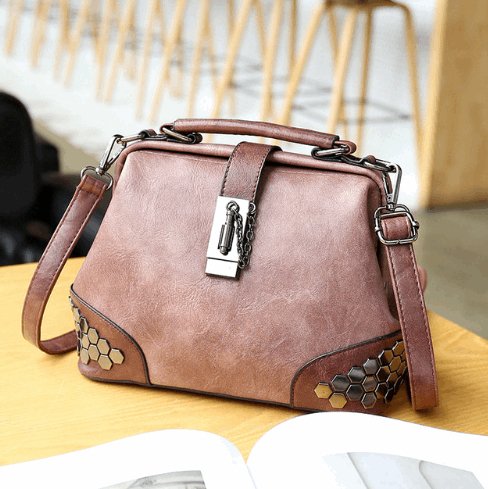 Women's Lock Chain Rivets Crossbody Shoulder Bag - Classic Leather Bag