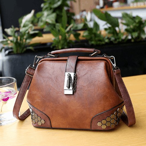 Women's Lock Chain Rivets Crossbody Shoulder Bag - Classic Leather Bag