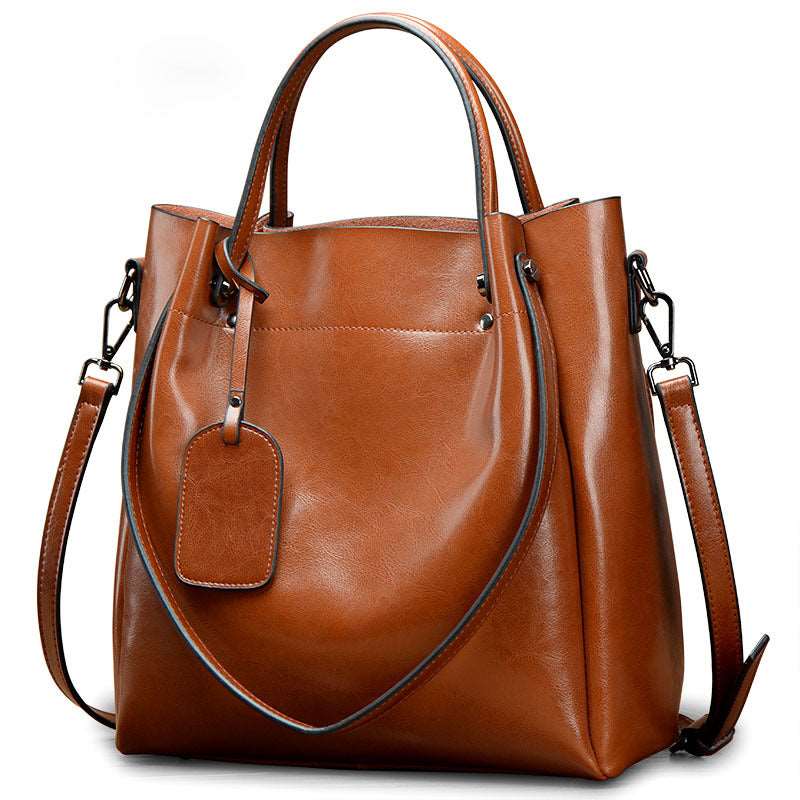 Women's Luxury Cowhide Leather Bucket Bag - Classic Leather Bag