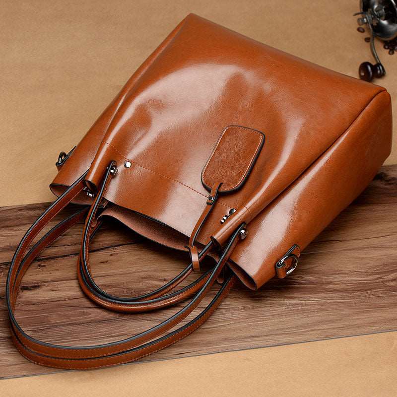 Women's Luxury Cowhide Leather Bucket Bag - Classic Leather Bag