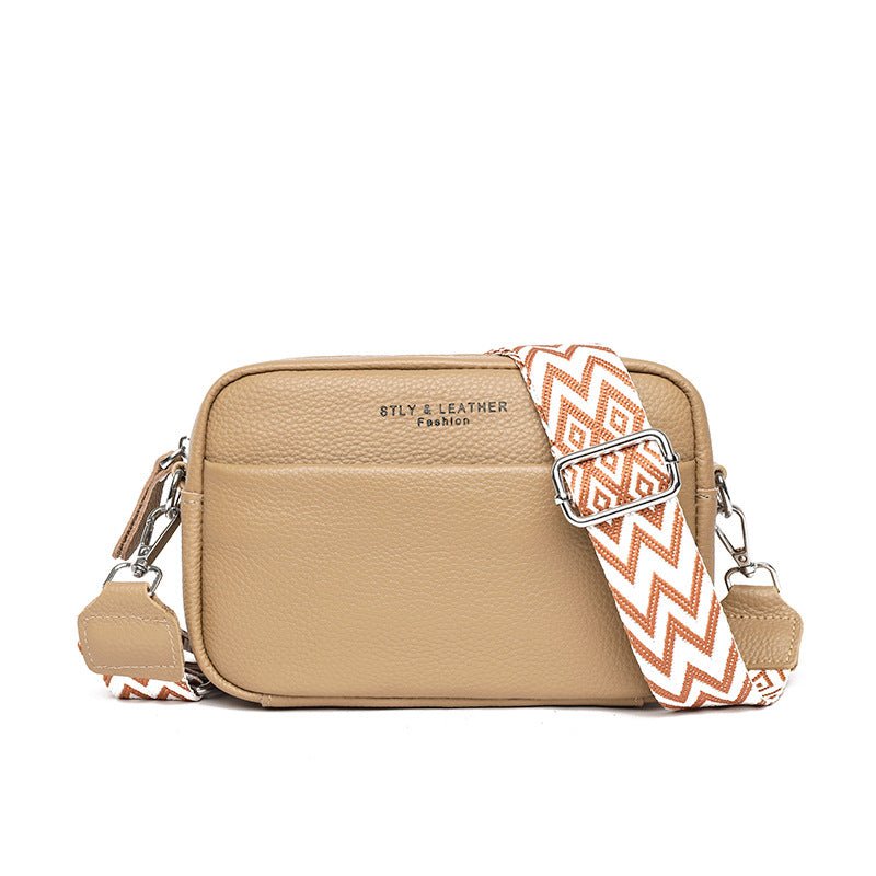 Women's Small Square Crossbody Bag With Embroidered Wide Shoulder Strap - Classic Leather Bag