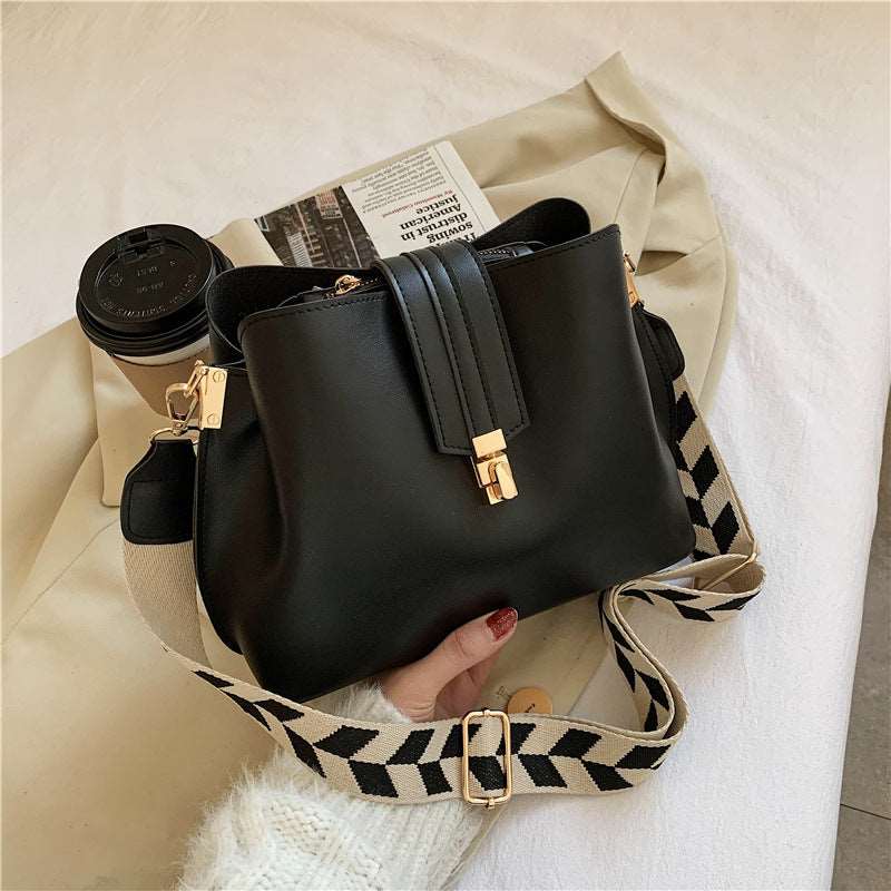 Women's Wide Shoulder Strap Bucket Bag - Classic Leather Bag